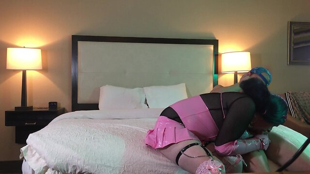 Transgender woman in chastity performs oral sex