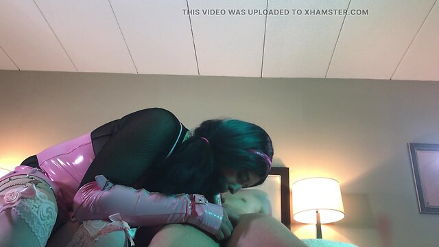 Transgender in chastity takes on massive cock