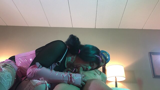 Transgender in chastity takes on massive cock