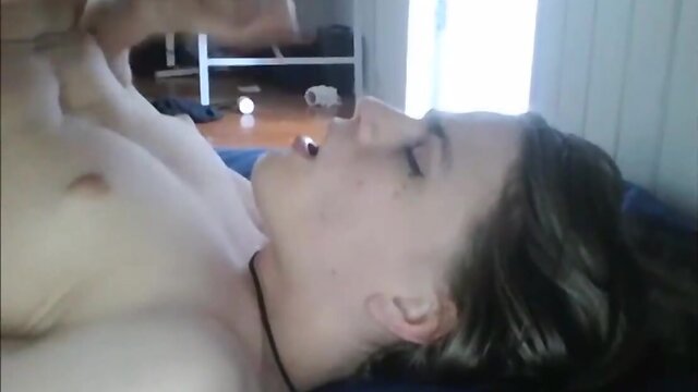 Self-sucking teen shemale swallows own cum