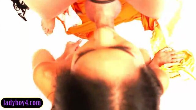 Lingerie-clad ladyboy with huge implants gives sensual blowjob