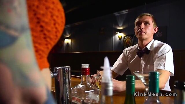 Transgender bartender with tattoos takes advantage of man with anal sex