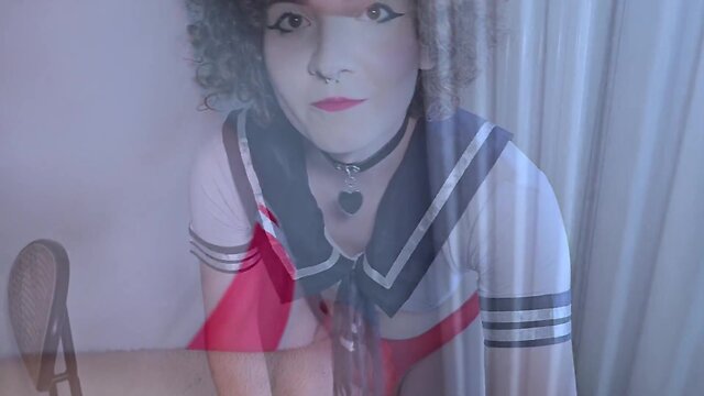 Hot trans school girl gets her asshole filled with cum after giving a deepthroat blowjob