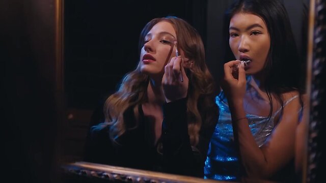 Two petite girls get fucked by a transgender blonde in an intense orgy