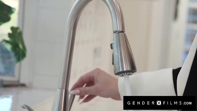 A hot transsexual girl rewards the plumber with her body and cock