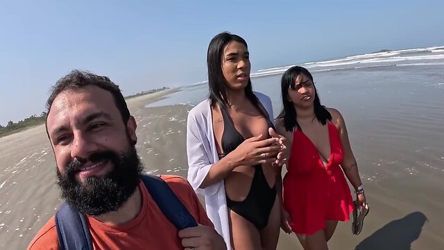 Tranny Baianinha gets banged on the beach by couple