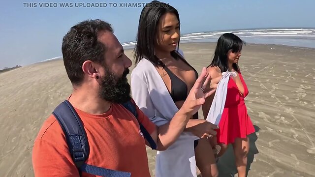Tranny Baianinha gets banged on the beach by couple