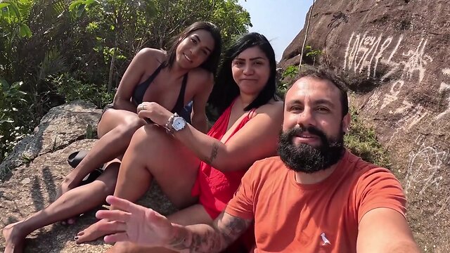 Tranny Baianinha gets banged on the beach by couple