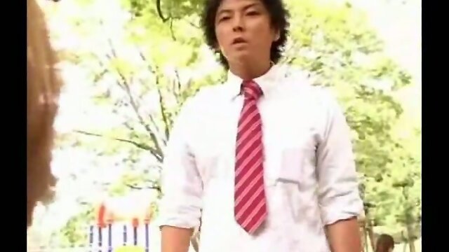 Asian Tgirl in uniform drills her classmate