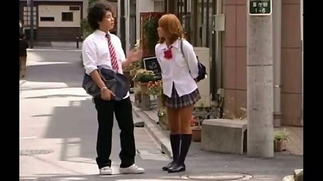 Asian Tgirl in uniform drills her classmate