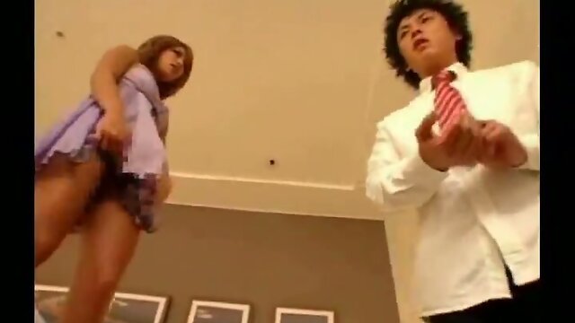 Asian Tgirl in uniform drills her classmate