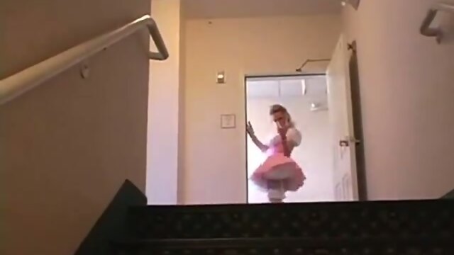 Cute blonde tranny strips and cums