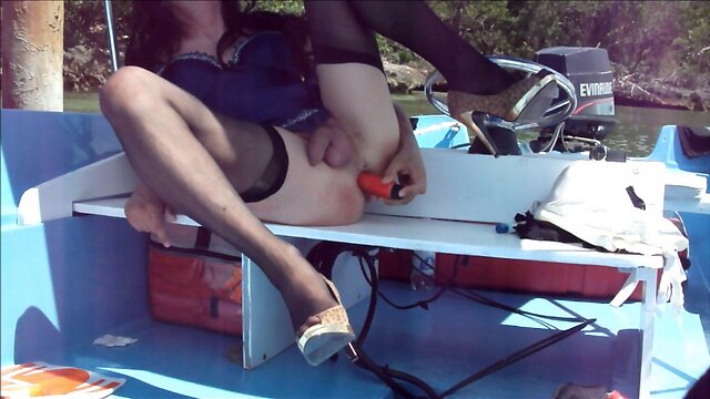 Smoking hot tgirl Andrea fucks herself with a dildo